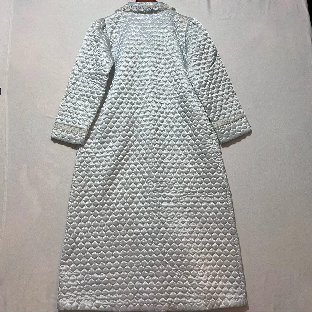 Vintage Dior Junior Quilted Satin‎ Lace Trim Robe Coat Light Blue Hostess 1960s